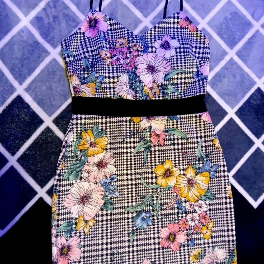 Black and White Checkers and Pastel Floral Mini Dress